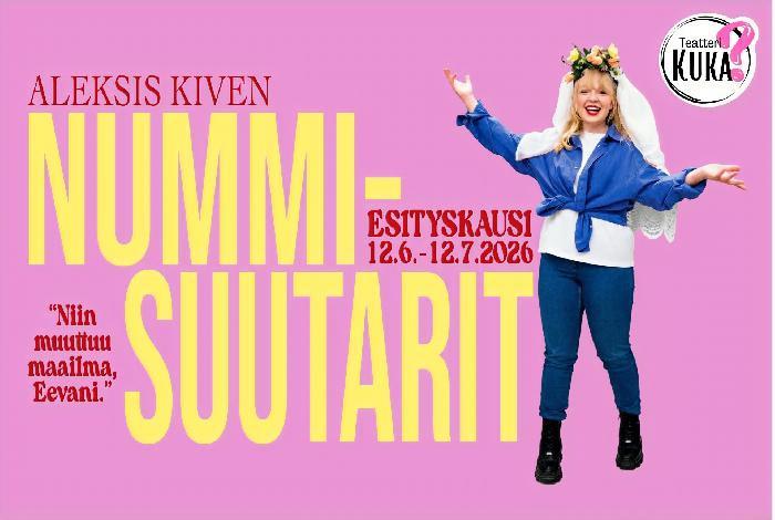 Näytelmän mainosjuliste, jossa näyttelijä on morsiushuntu päässään.